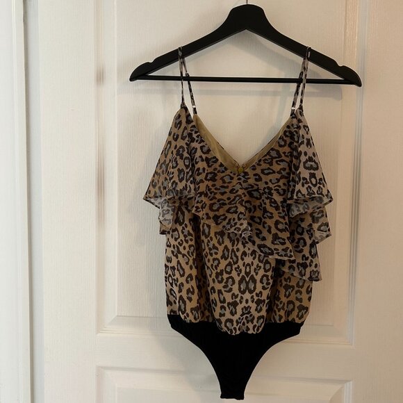 Marciano Los Angeles Leopard Print Ruffle Bodysuit — Feminine, Edgy & Versatile - Picture 2 of 8